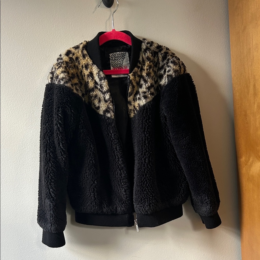 Kensie Girl Leopard Print Black Faux Fur Jacket Size 6